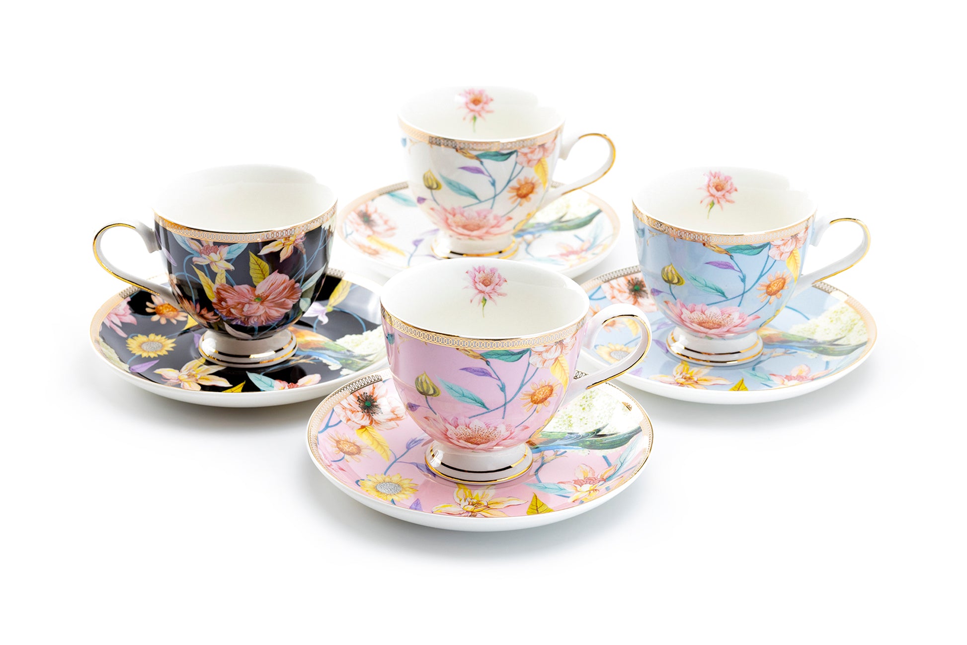 Gracie China Spring Flowers with Hummingbird Fine Porcelain Tea Cup and Saucer Set of 4