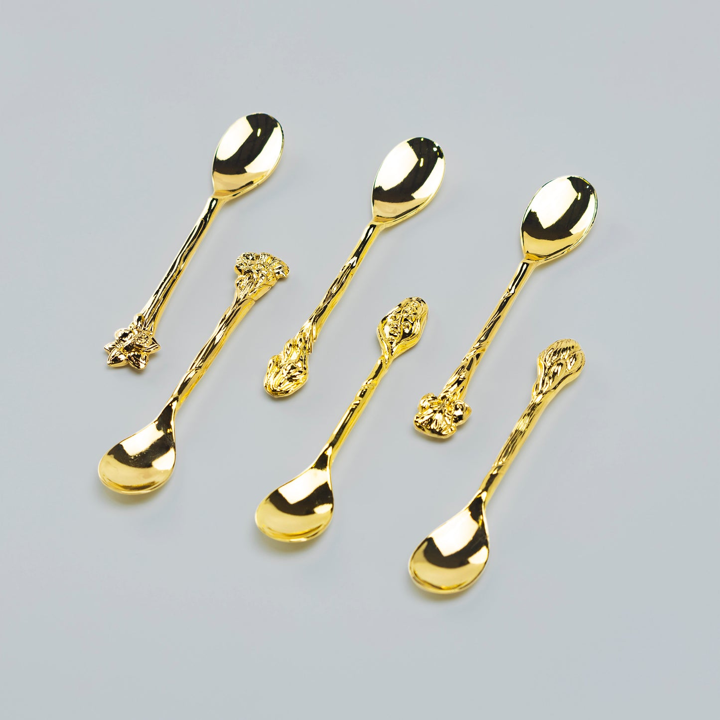 Gold Gilded Demi Spoon Set of 6 with Assorted Floral Handle Design