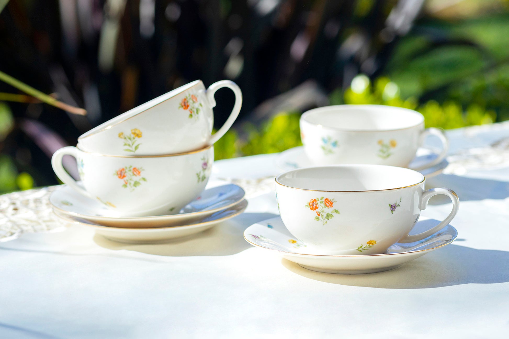 Grace Teaware Spring Flowers Fine Porcelain Tea Cup and Saucer Set of 4