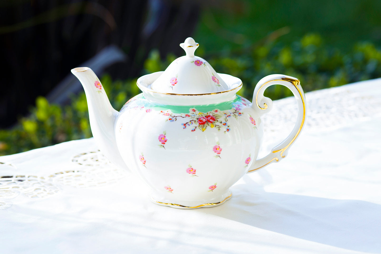 Rose with Green Accent Fine Porcelain Teapot