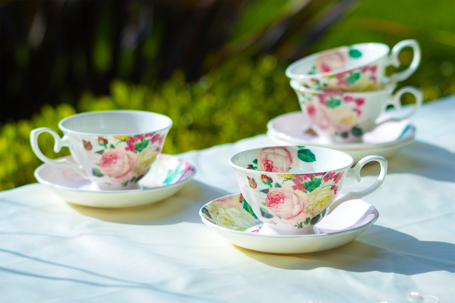 floral rose decal bone china elegant cup saucer set