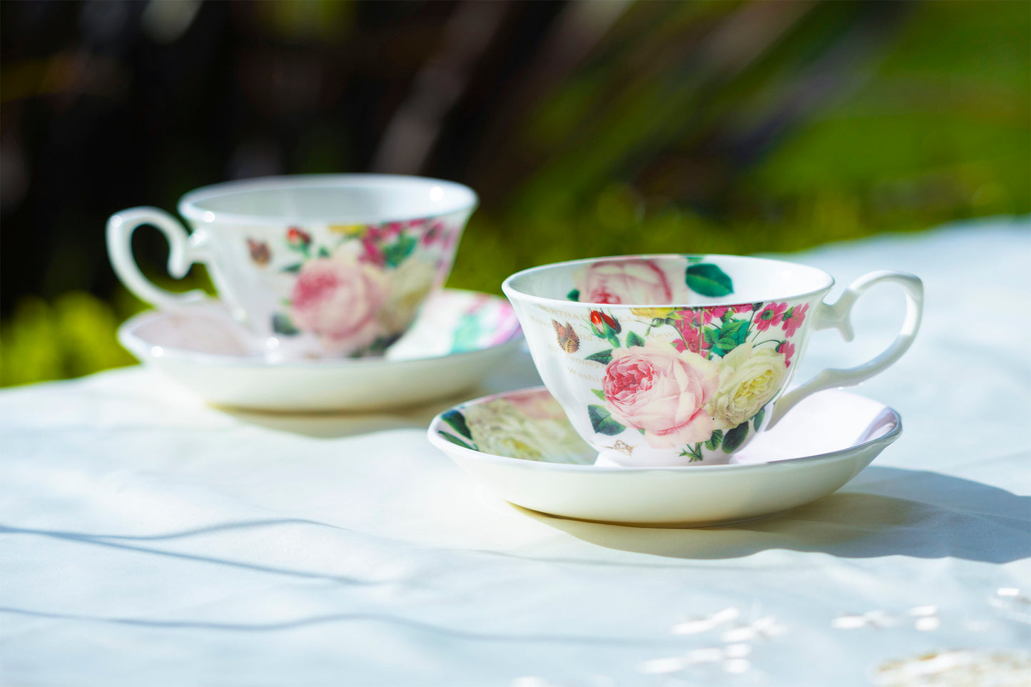 Gracie Bone China Rose Garden Bone China Tea Cup and Saucer Set of 2