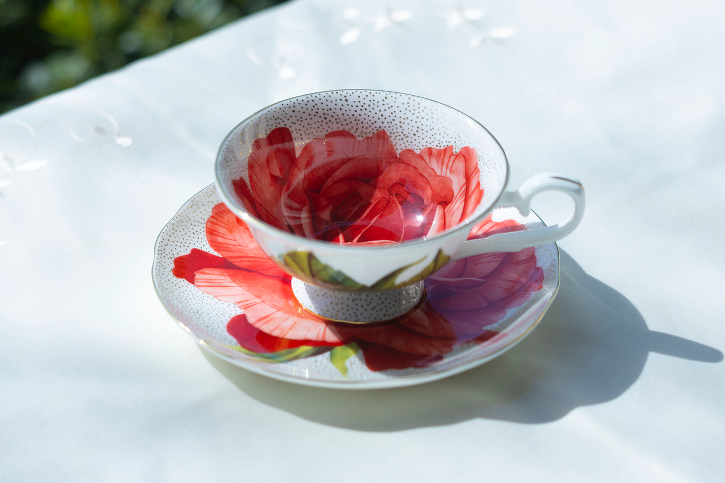 Red Rose Gold Dots Bone China Tea Cup and Saucer