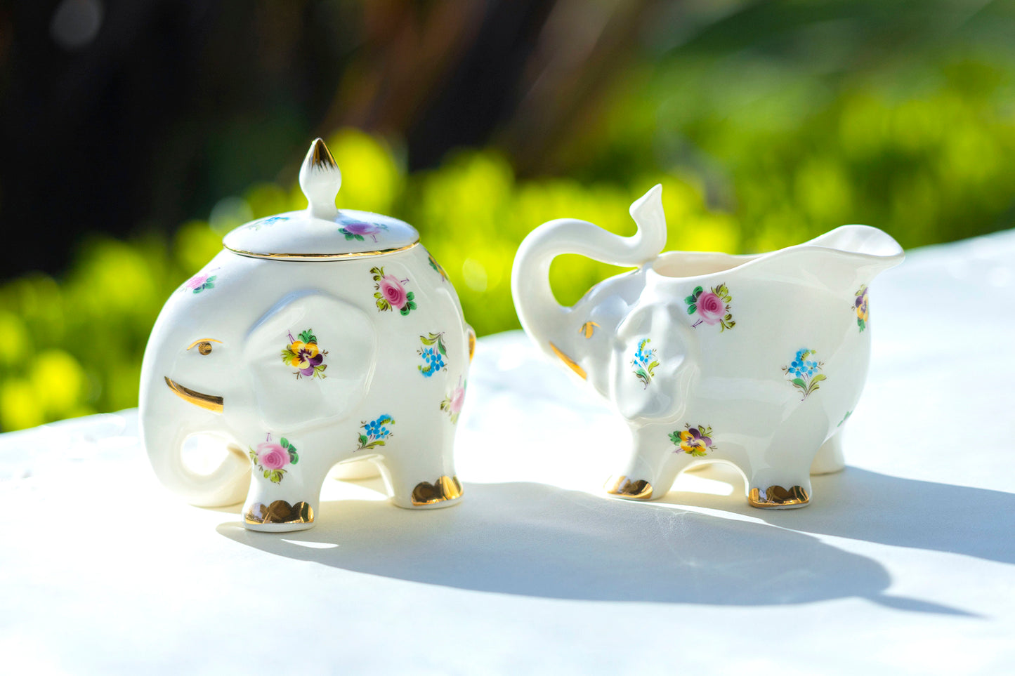 Floral Elephant Fine Porcelain Sugar & Creamer Set