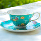 Turquoise Shabby Rose Fine Porcelain Tea Cup and Saucer