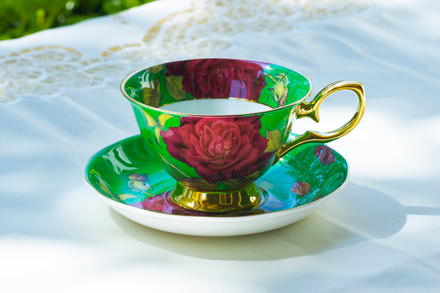 Gold Green Stem Rose Bone China Tea Cup and Saucer