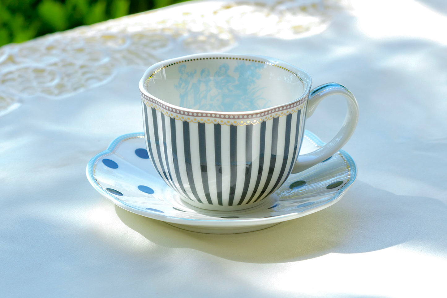 Dark Grey Stripes and Dots with Blue Toile Fine Porcelain Cup and Saucer Sets