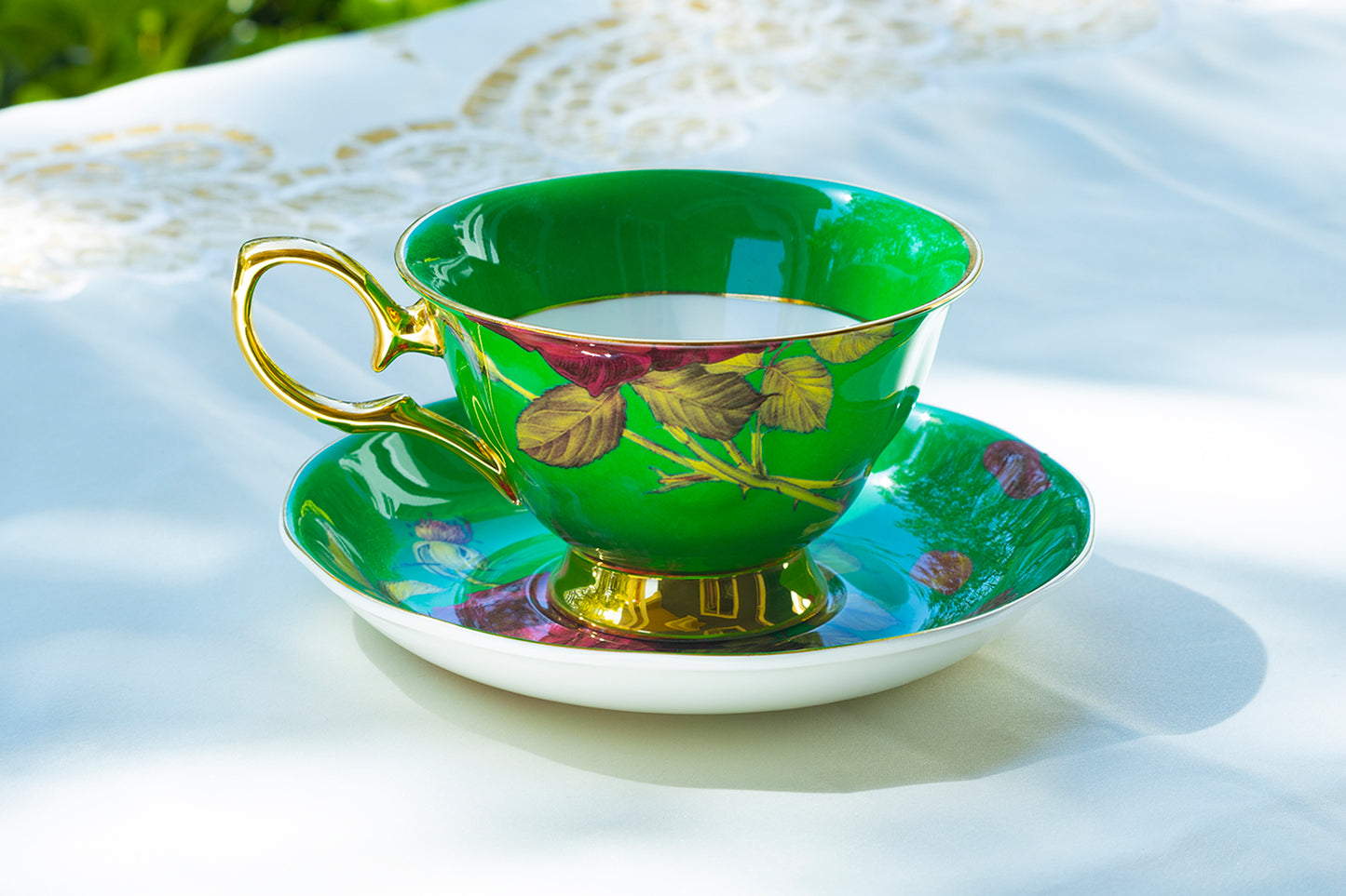 Gold Green Stem Rose Bone China Tea Cup and Saucer