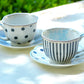 Dark Gray Stripes and Dots with Blue Toile Fine Porcelain Cup and Saucer Set of 2