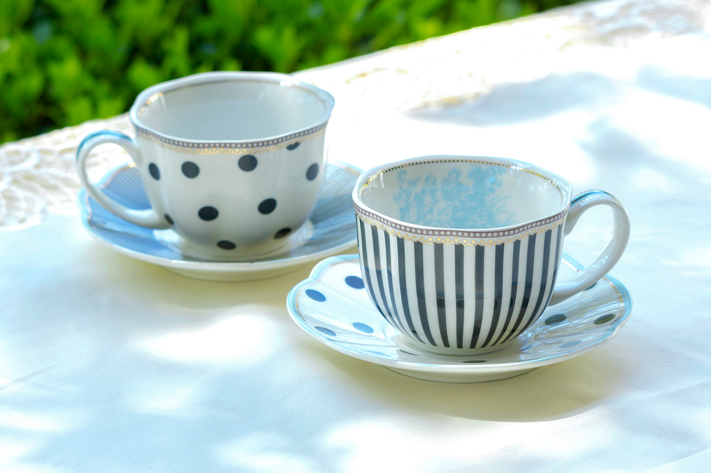 Dark Grey Stripes and Dots with Blue Toile Fine Porcelain Cup and Saucer Sets