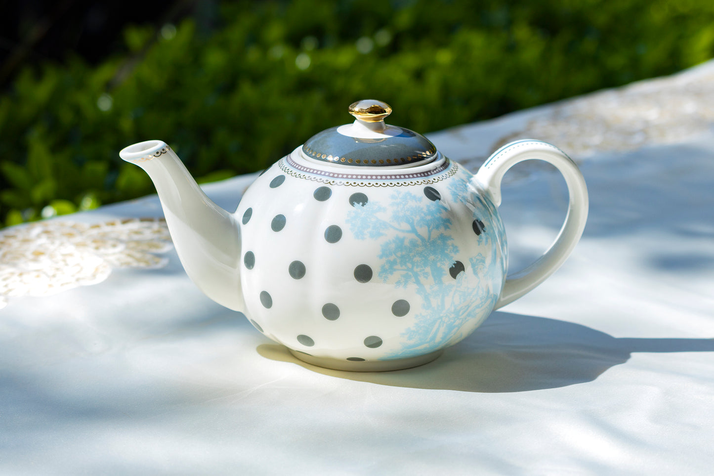 Dark Grey Dots with Blue Toile Fine Porcelain Teapot