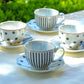 Dark Grey Stripes and Dots with Blue Toile Fine Porcelain Cup and Saucer Sets