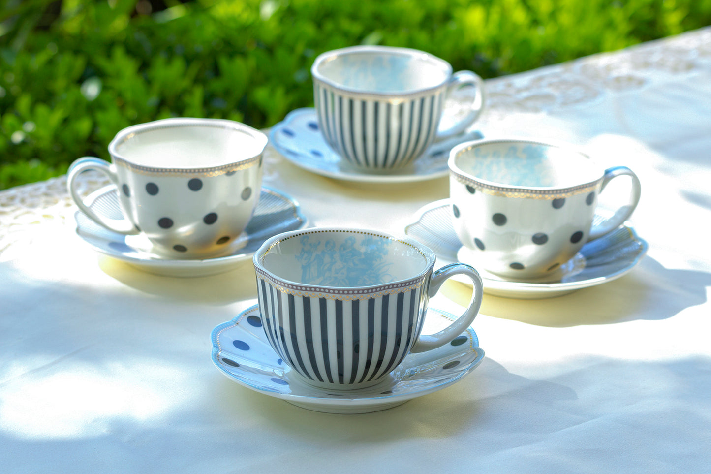 Dark Grey Stripes and Dots with Blue Toile Fine Porcelain Cup and Saucer Sets