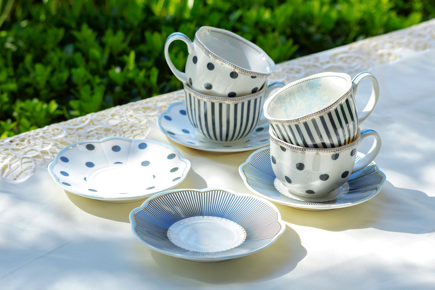 Dark Grey Stripes and Dots with Blue Toile Fine Porcelain Cup and Saucer Sets