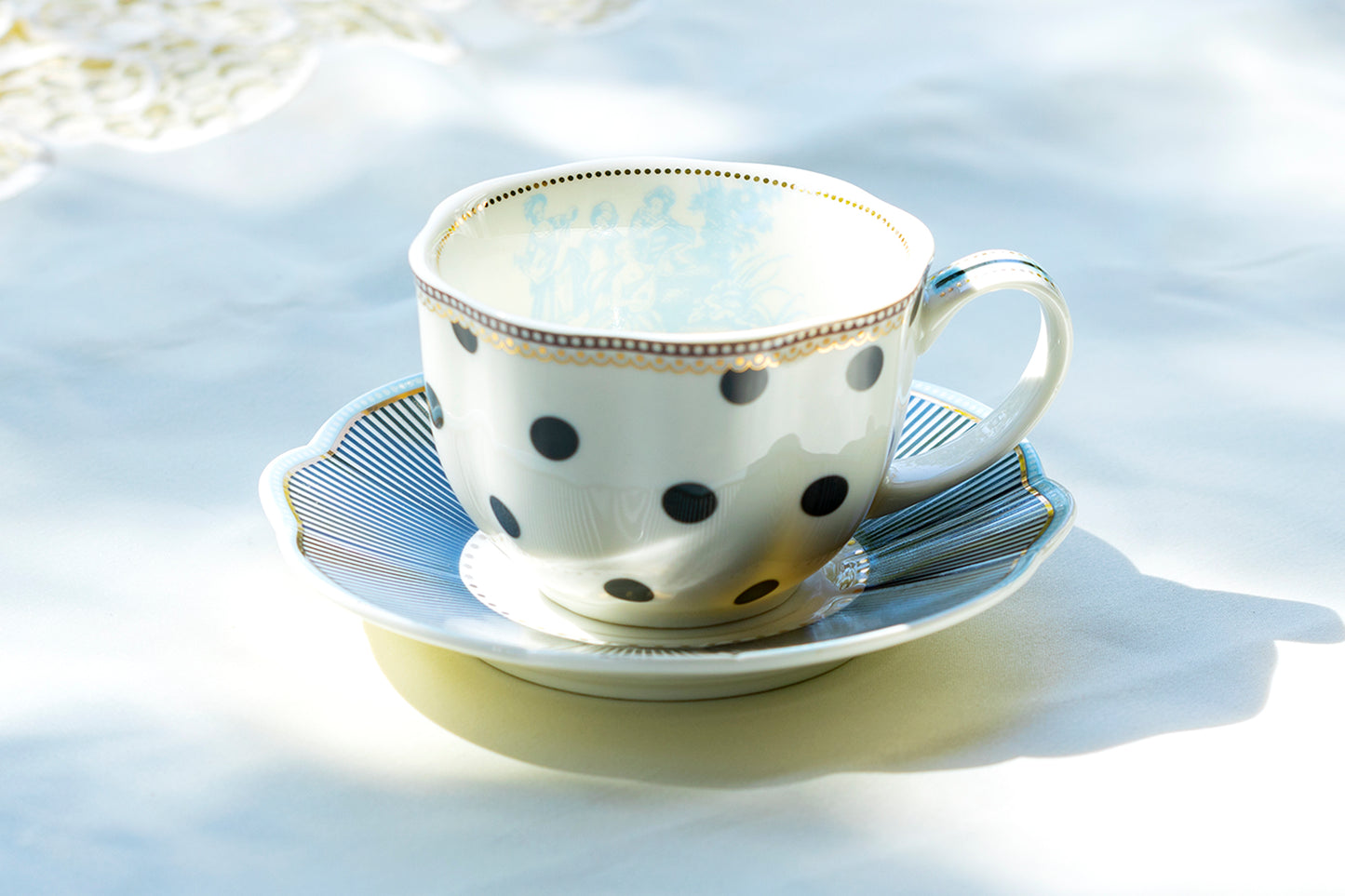 Dark Grey Stripes and Dots with Blue Toile Fine Porcelain Cup and Saucer Sets