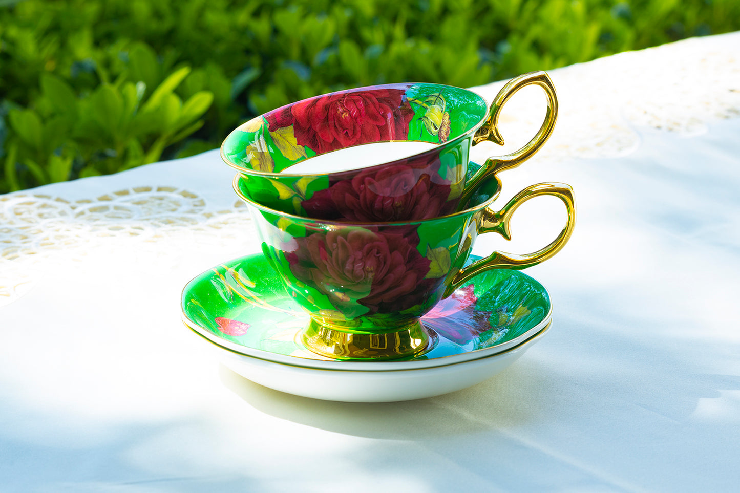 Gold Green Stem Rose Bone China Tea Cup and Saucer