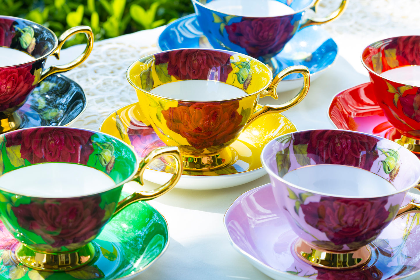 Gold Green Stem Rose Bone China Tea Cup and Saucer