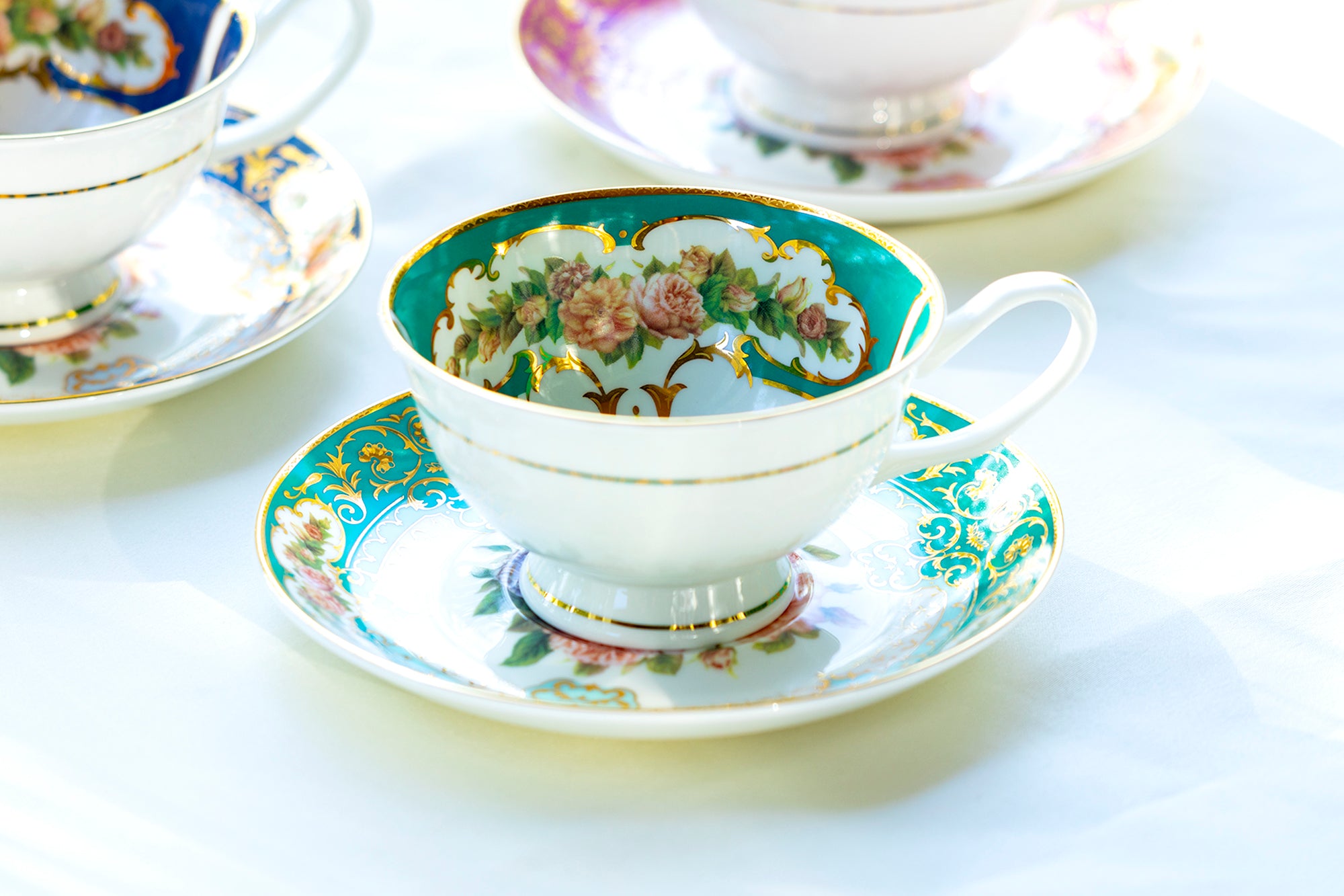 Cute Pastel Colour Vintage Print Ceramic Tea Cup with Plate