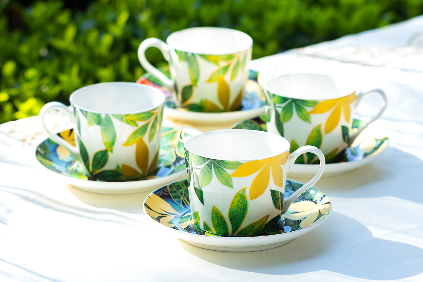 green gold leaves coffee cup