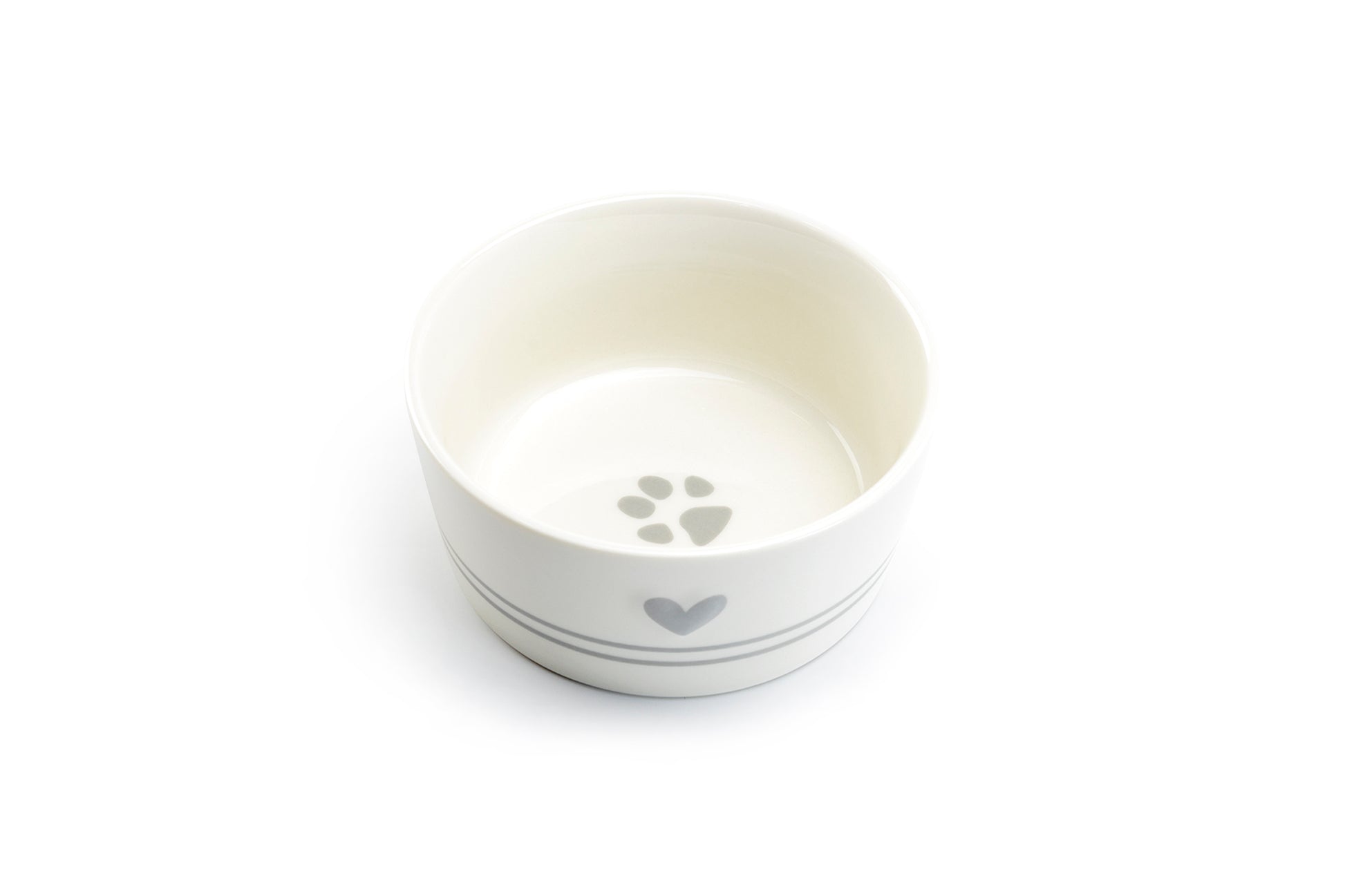 Gray Raised Heart Ceramic Pet Bowl with Paw Print