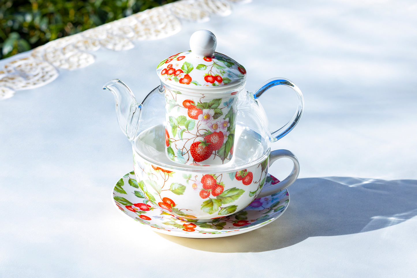 Grace Teaware Strawberry Glass Fine Porcelain Tea For One Set