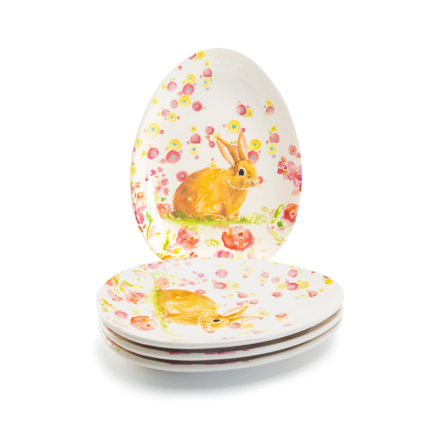 Grace Pantry Spring Pink Flowers Bunny Ceramic Egg Shape Oval Plate Set of 4
