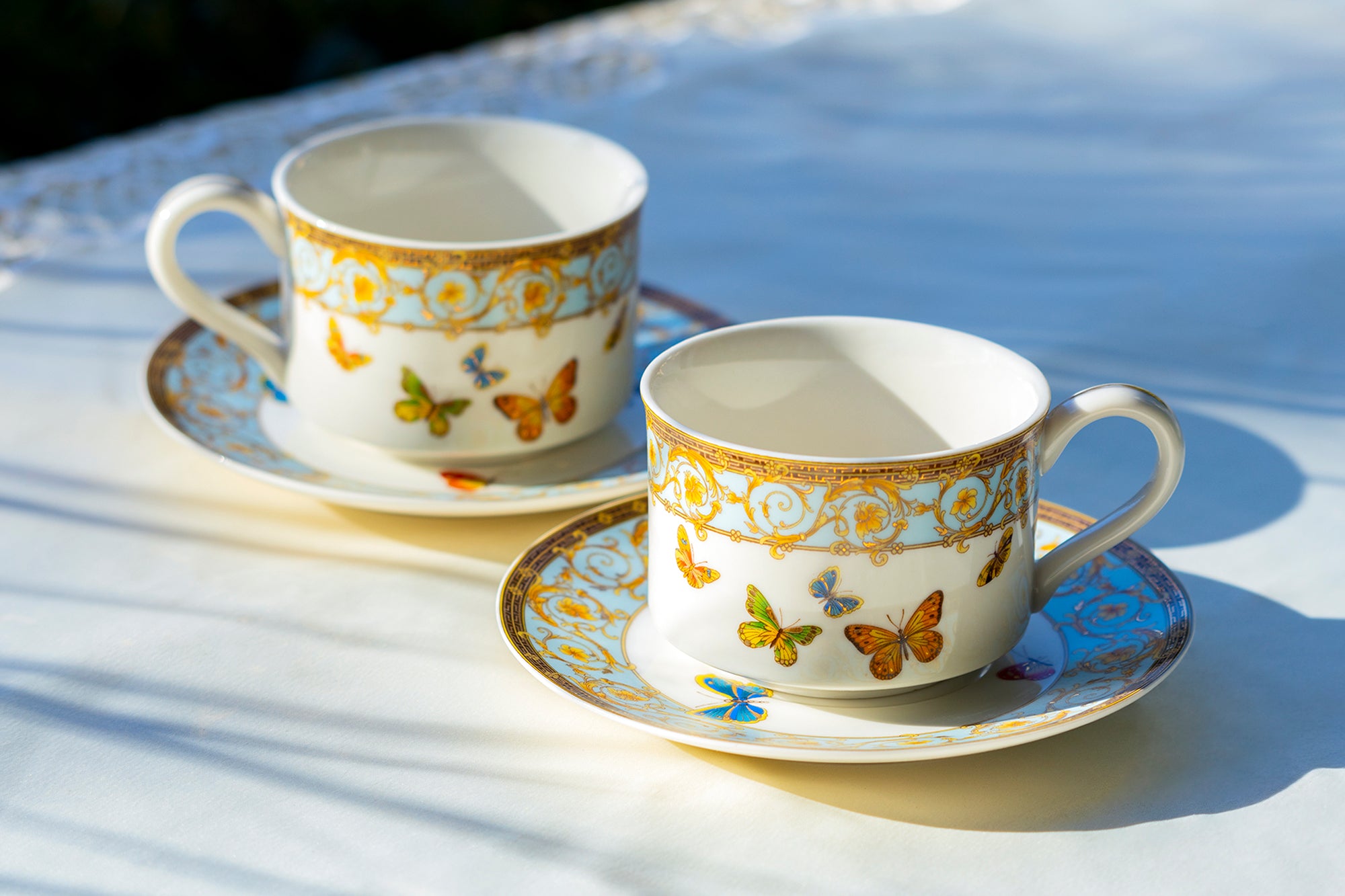 Grace Butterflies with Blue Ornament Fine Porcelain Cup and Saucer