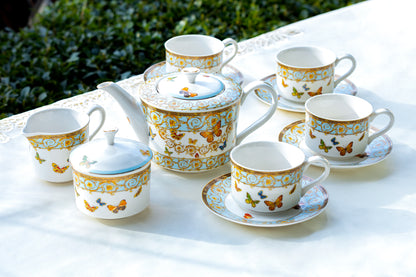 Grace Teaware Butterflies with Blue Ornament Fine Porcelain 11-piece Tea Set