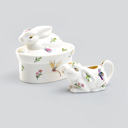 Grace Teaware Spring Flower Garden Bunny Figurine Fine Porcelain Sugar & Creamer Set