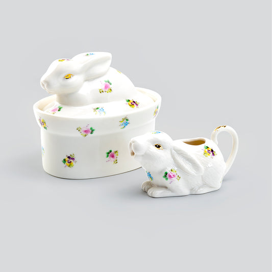 Grace Teaware Pansy Floral Bunny Figurine Fine Porcelain Sugar & Creamer Set