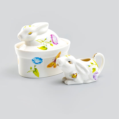 Grace Teaware Morning Glory Floral Bunny Figurine Fine Porcelain Sugar & Creamer Set