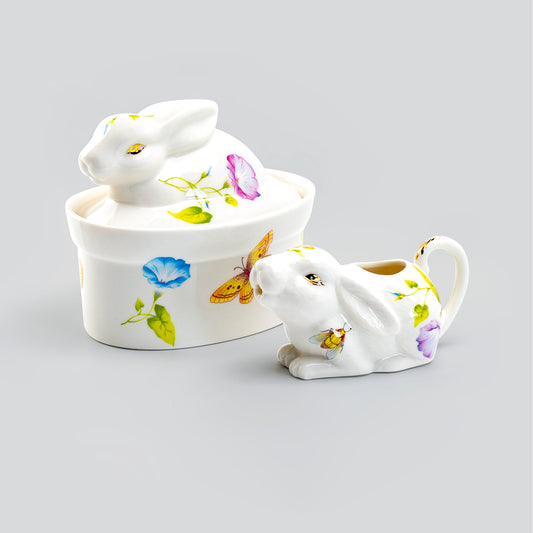 Grace Teaware Morning Glory Floral Bunny Figurine Fine Porcelain Sugar & Creamer Set