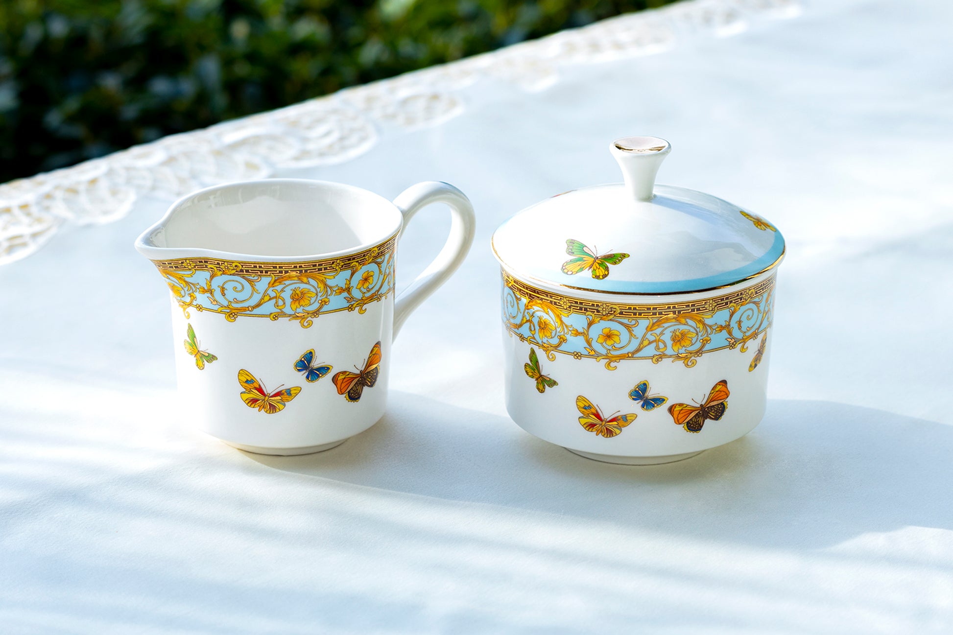 Grace Teaware Butterflies with Blue Ornament Fine Porcelain Sugar Bowl and Creamer