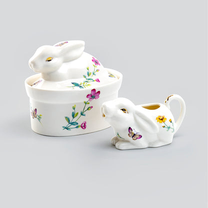 Grace Teaware Floral Butterfly Bunny Figurine Fine Porcelain Sugar & Creamer Set