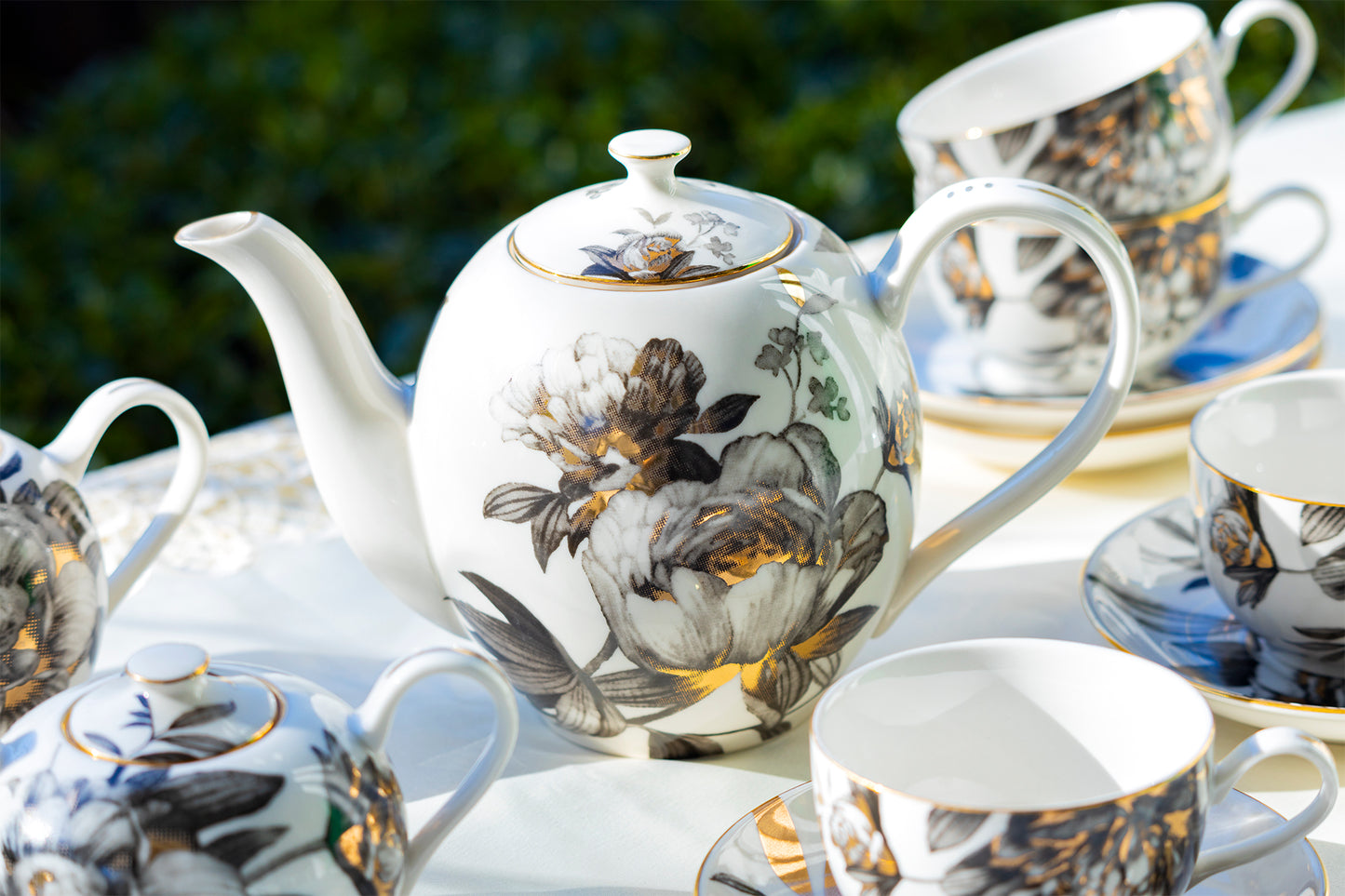 Grace Teaware Black Gold Peony Fine Porcelain Teapot