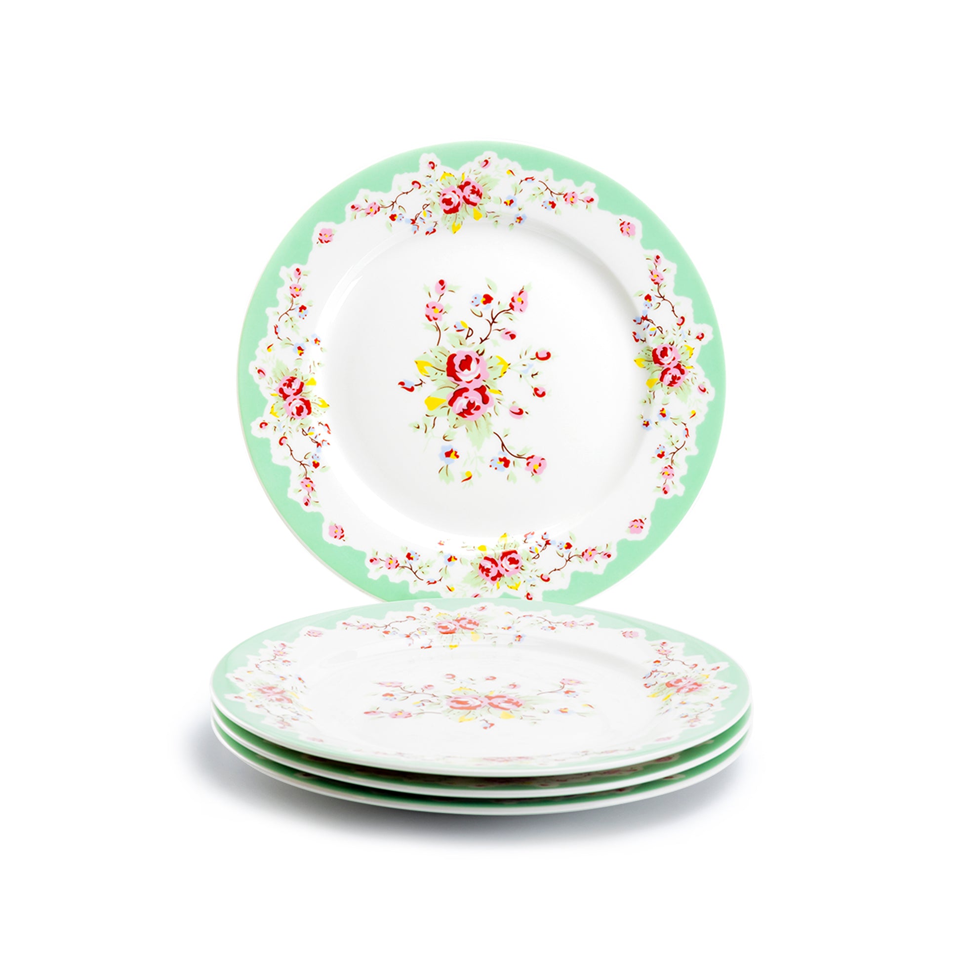 Grace Teaware 8" Rose with Green Accent Porcelain Dessert Plate Set of 4