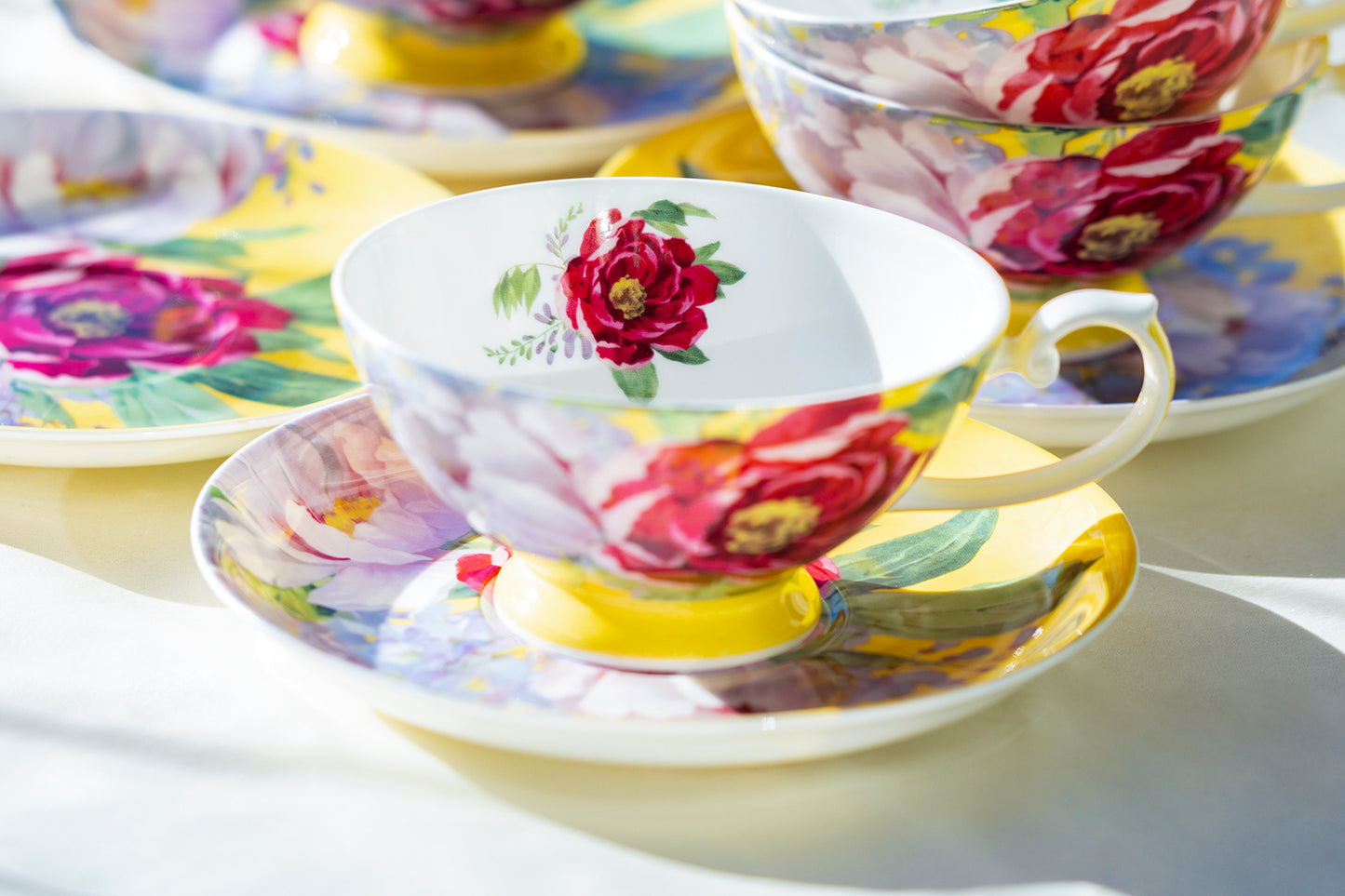 Gracie China Red Peony Bloom Yellow Bone China Cup and Saucer