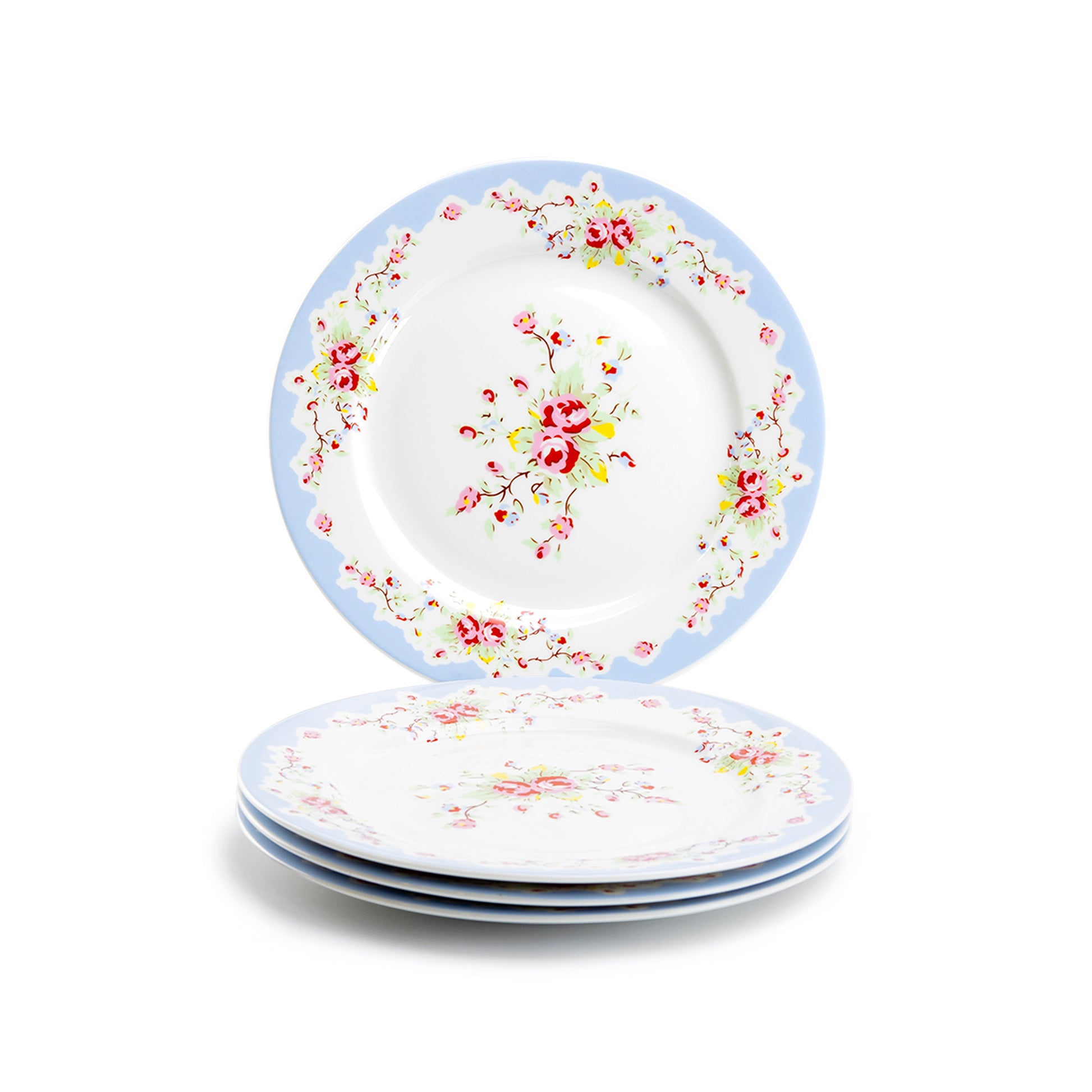 Grace Teaware 8" Rose with Blue Accent Porcelain Dessert Plate Set of 4