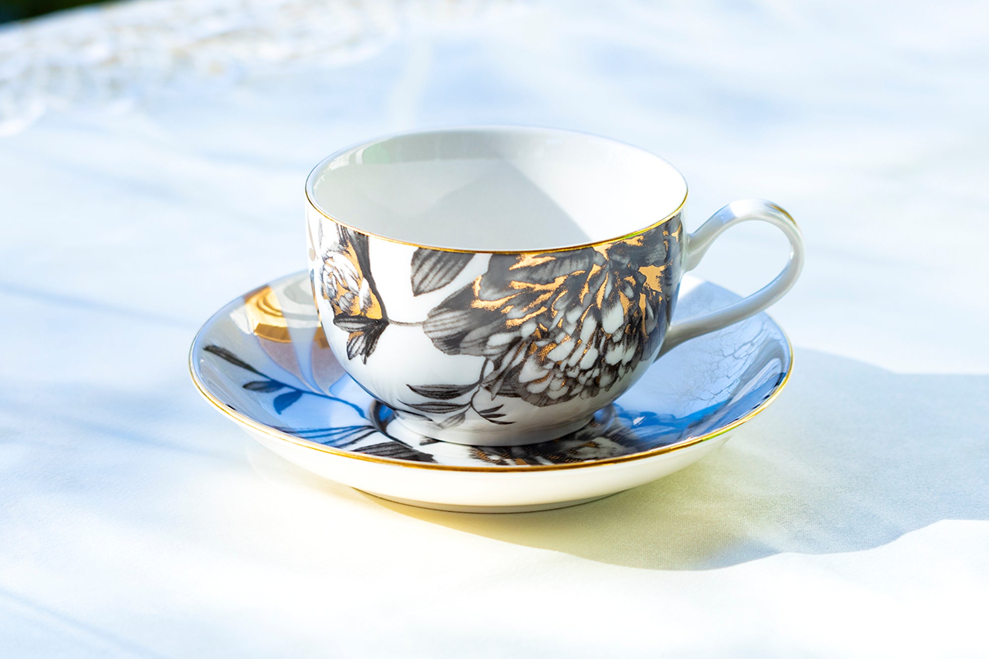 Black Gold Peony Fine Porcelain Tea Cup and Saucer