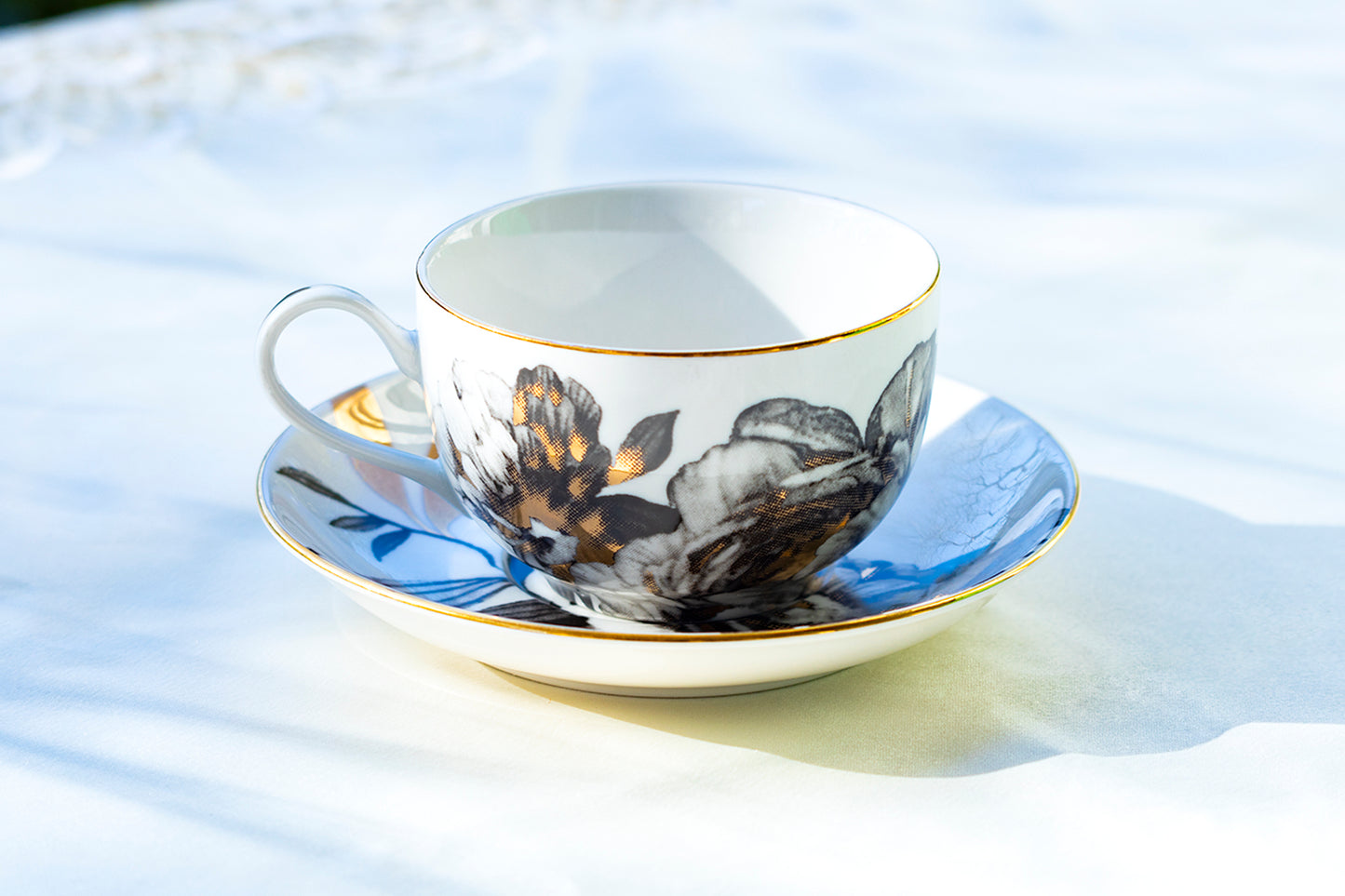 Gracie China Black Gold Peony Fine Porcelain Tea Cup and Saucer