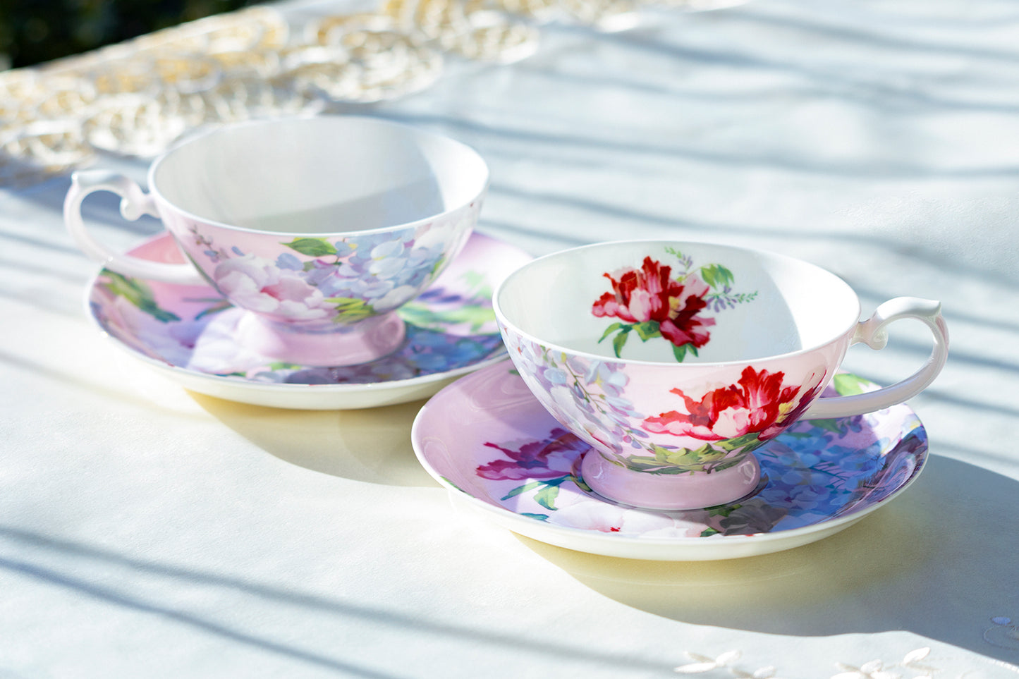 Stechcol Gracie Bone China Red Peony Bloom Pink Bone China Cup and Saucer Set of 2