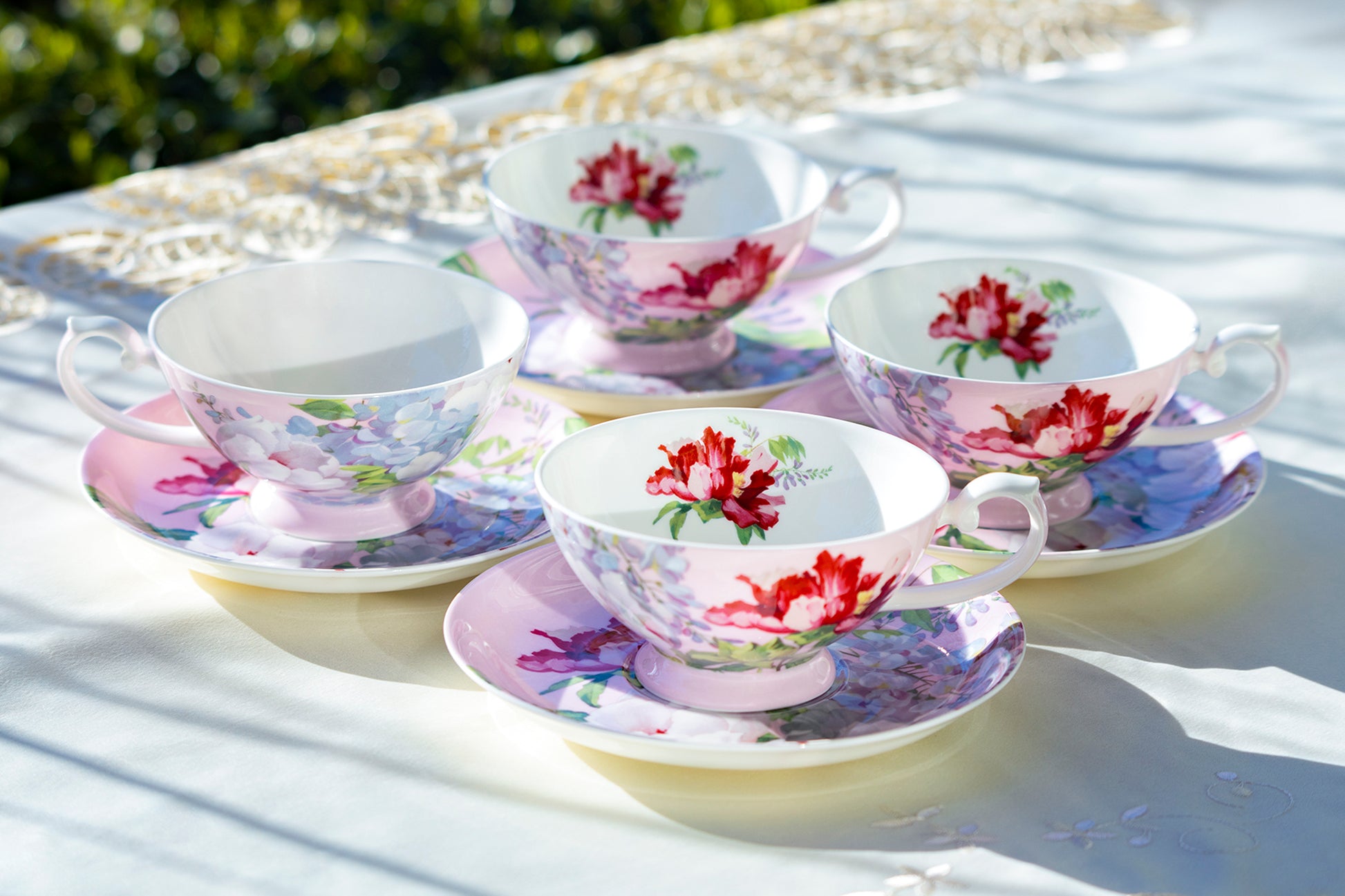 Stechcol Gracie Bone China Red Peony Bloom Pink Bone China Cup and Saucer Set of 4