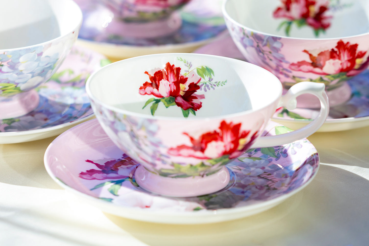 Gracie China Red Peony Bloom Pink Bone China Cup and Saucer