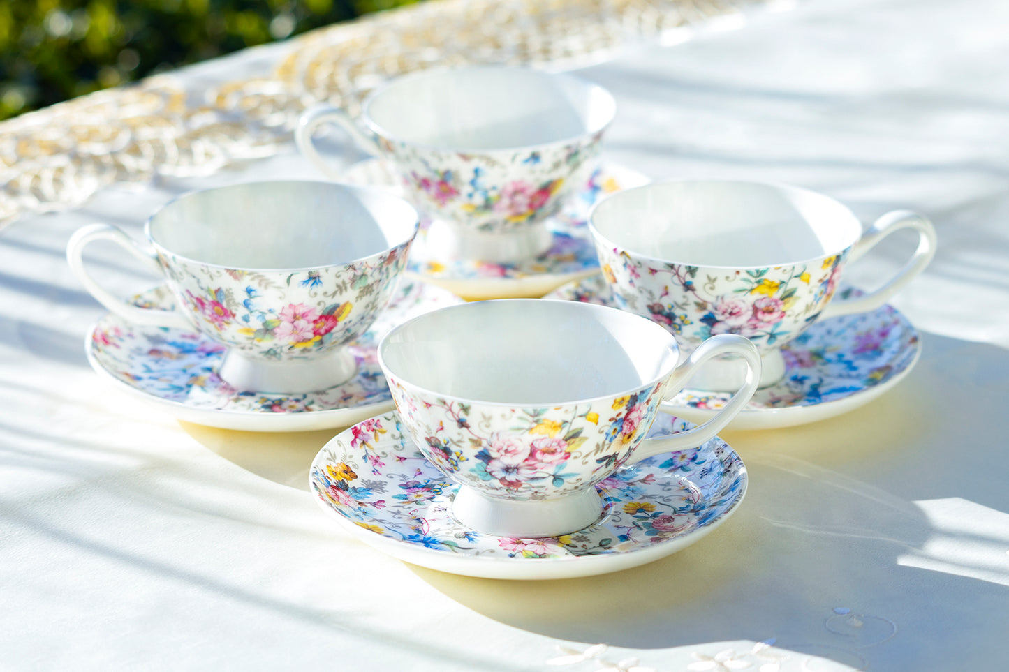 Stechol Gracie Bone China Petite Rose White Bone China Cup and Saucer Set of 4