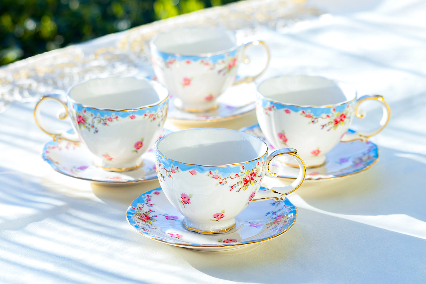 Grace Blue Vintage Rose Tea Cup and Saucer Set of 4