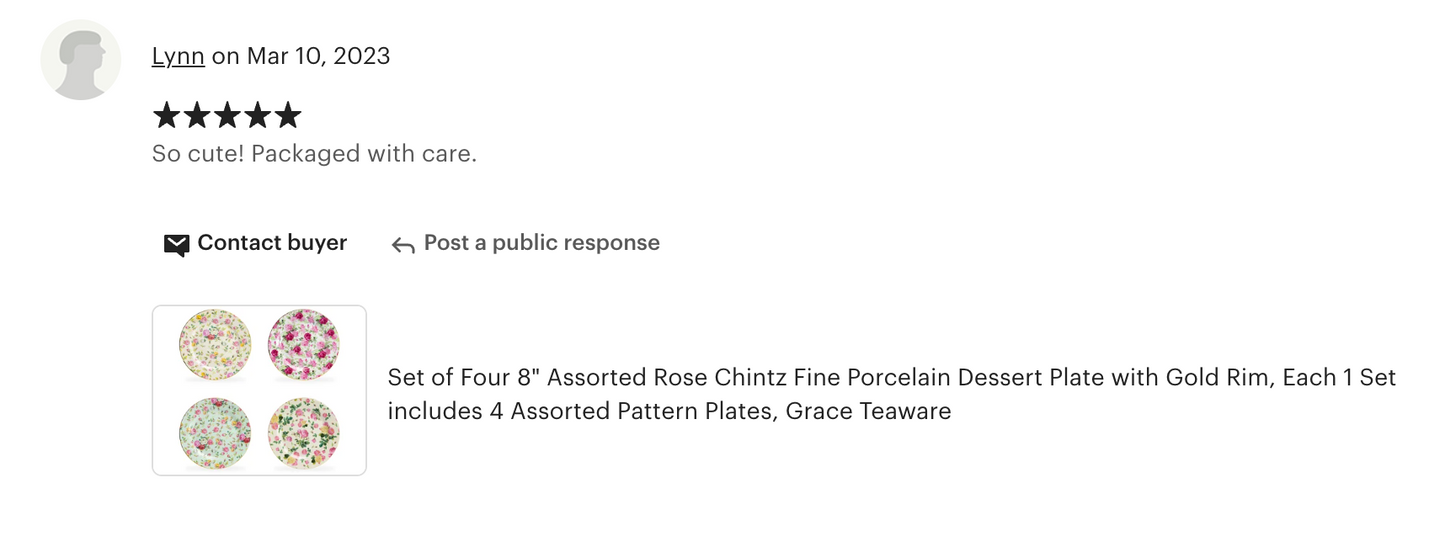 8" Assorted Rose Chintz Fine Porcelain Dessert Plate with Gold Rim Set of 4