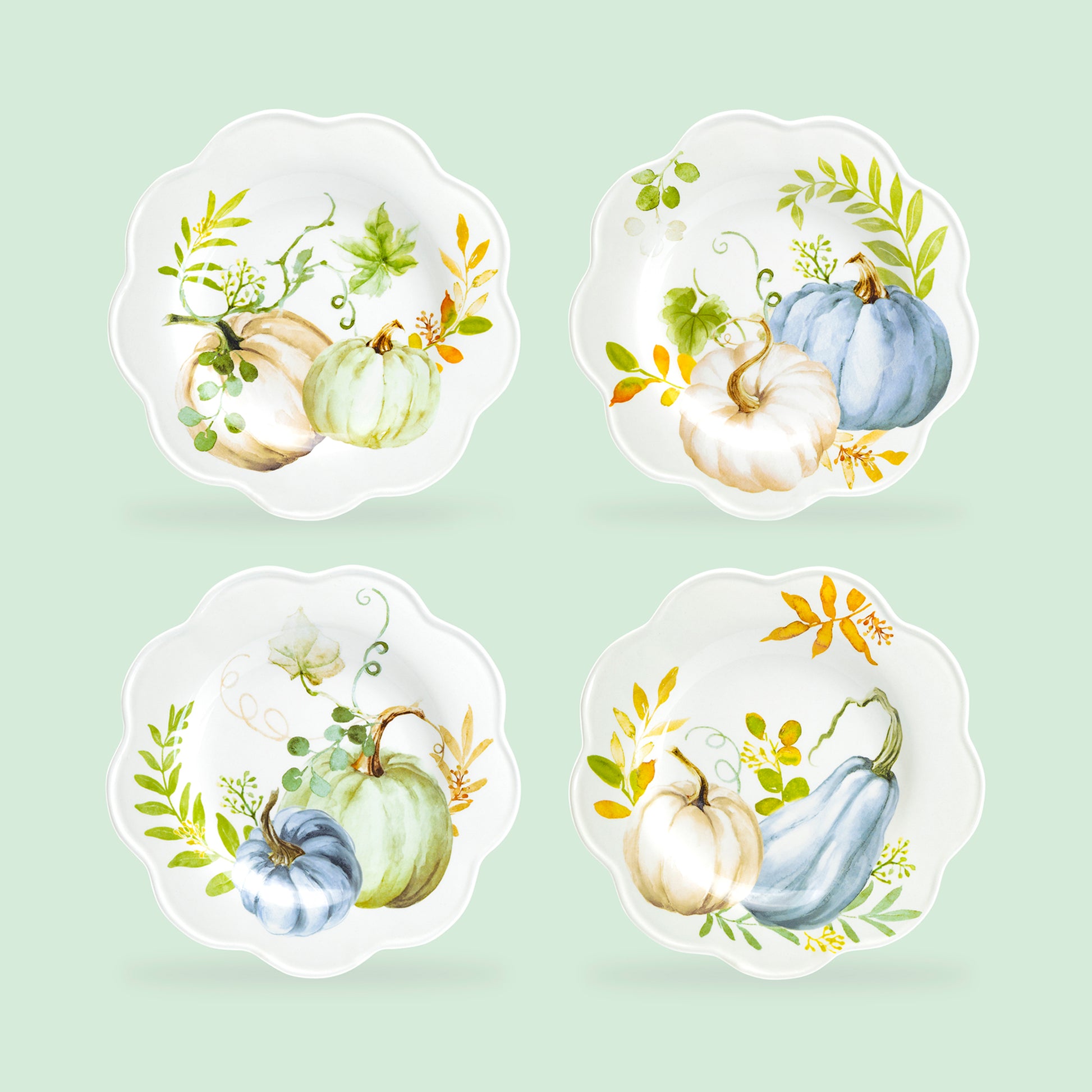 Potter's Studio Assorted Fall Pumpkin Scallop Salad / Dessert Plate Set of 4