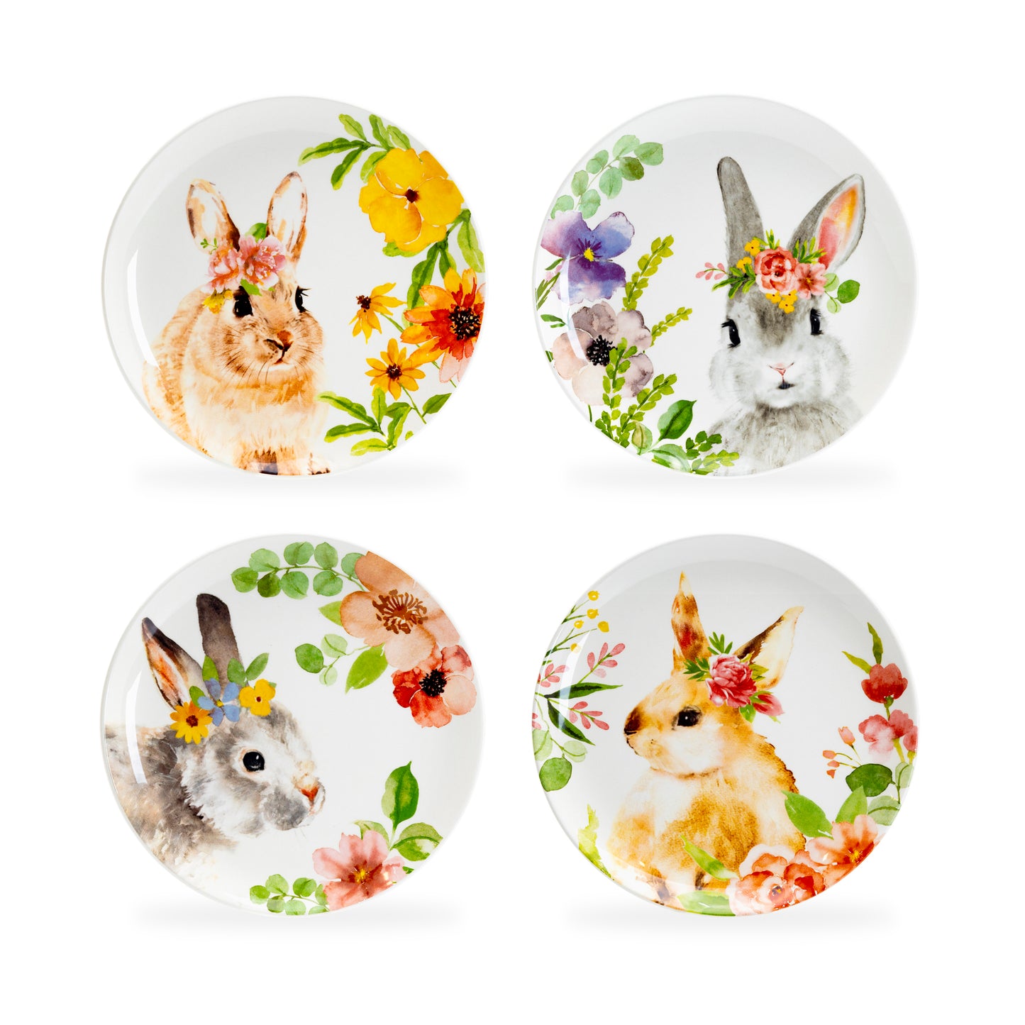 Grace Teaware Easter 8.5" Flower Bunnies Pottery Salad / Dessert Plate Set of 4
