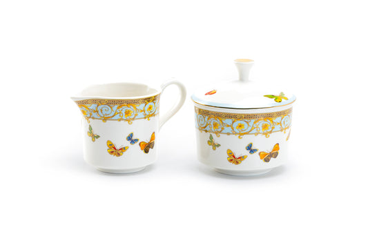 Grace Teaware Butterflies with Blue Ornament Fine Porcelain Sugar & Creamer Set
