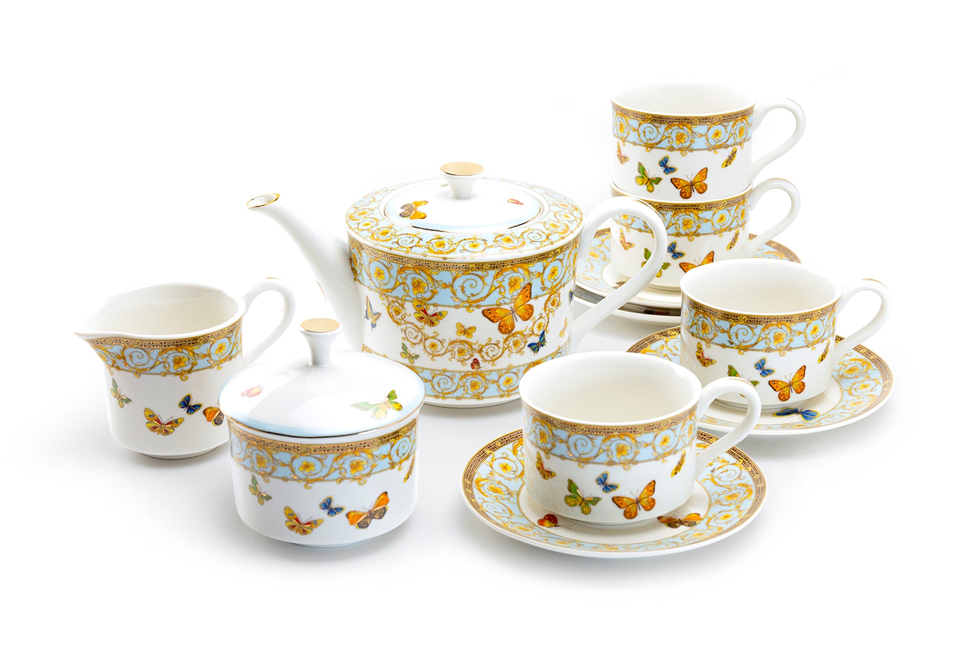Grace Teaware Butterflies with Blue Ornament Fine Porcelain Tea Set